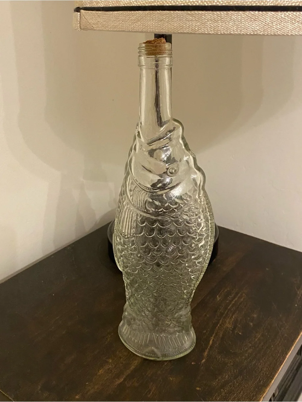 Vintage Fish Shaped Glass Wine Bottle Embossed Decanter Nautical Aquamarine 12”